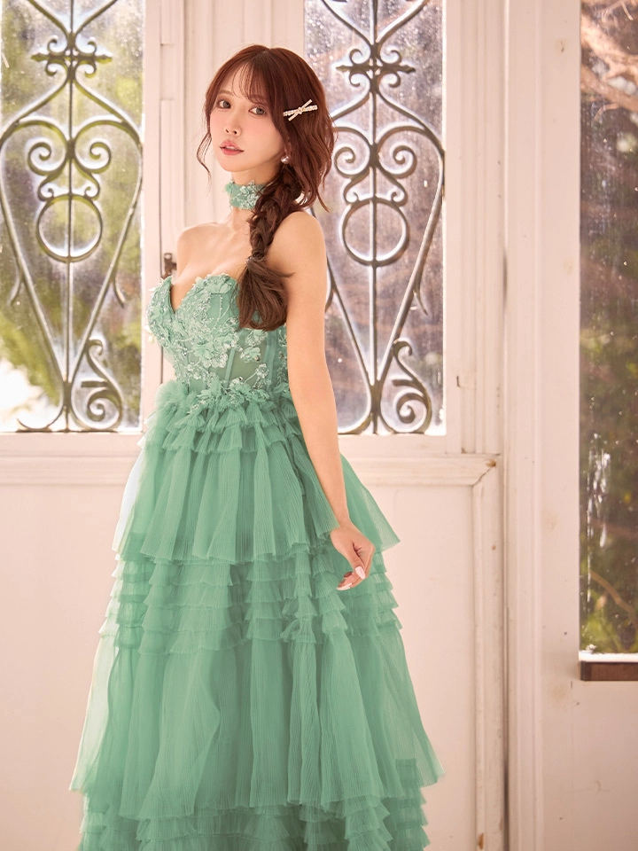 【JEAN MACLEAN/ジャンマクレーン】チョーカー付き/ 立体フラワー/ 刺繍/ シアー/ ベア/ ティアードフリル/ Aライン/ フレア/ プリンセス/ ロングドレス/ キャバドレス long3