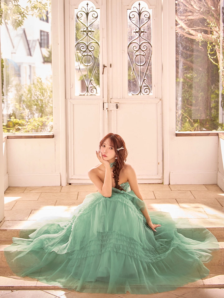 【JEAN MACLEAN/ジャンマクレーン】チョーカー付き/ 立体フラワー/ 刺繍/ シアー/ ベア/ ティアードフリル/ Aライン/ フレア/ プリンセス/ ロングドレス/ キャバドレス long4