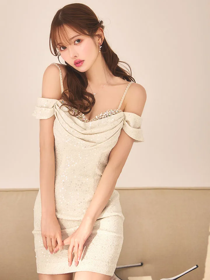 【IRMA/イルマ】ラメニット/ ビジュー/ オフショル/ キャミ/ スパンコール/ ストレッチ/ タイト/ ミニドレス/ キャバドレス1