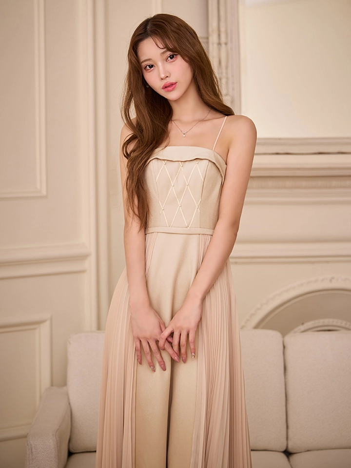 【JEAN MACLEAN/ジャンマクレーン】サイドプリーツ/ キャミソール/ シフォン/ ハイウエスト切り替え/ ワンカラー/ Aライン/ フレア/ ワンピース/ ミディアムドレス/ キャバドレス2