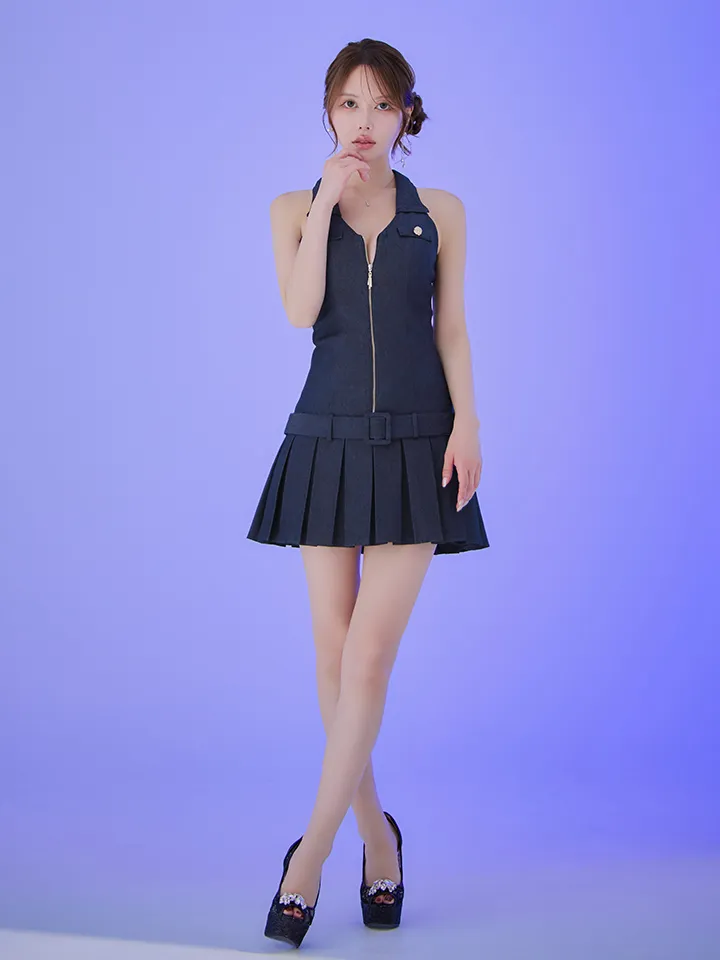 【IRMA/イルマ】襟付き/ フロントジップ/ ウエストベルト/ デニム/ ストライプ/ プリーツ/ フレア/ ミニドレス/ キャバドレス2