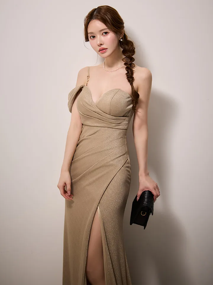 【JEAN MACLEAN/ジャンマクレーン】シンプル/ ストレッチ/ ラメニット/ ノースリーブ/ タック/ スリット/ タイト/ ロングドレス/ キャバドレスlong2