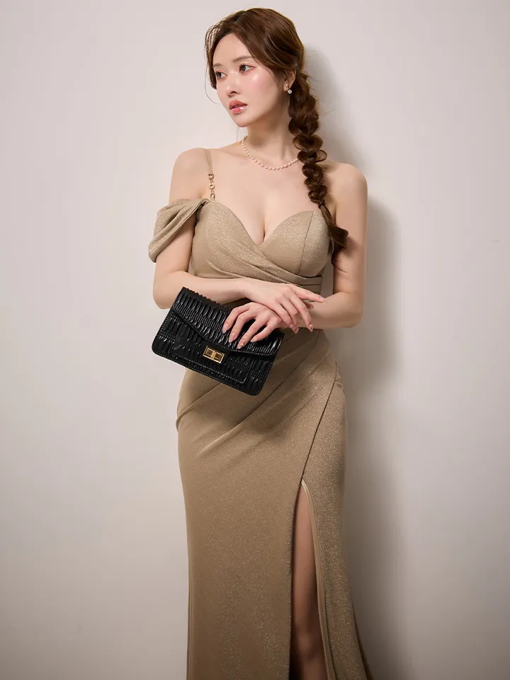 【JEAN MACLEAN/ジャンマクレーン】シンプル/ ストレッチ/ ラメニット/ ノースリーブ/ タック/ スリット/ タイト/ ロングドレス/ キャバドレスlong3