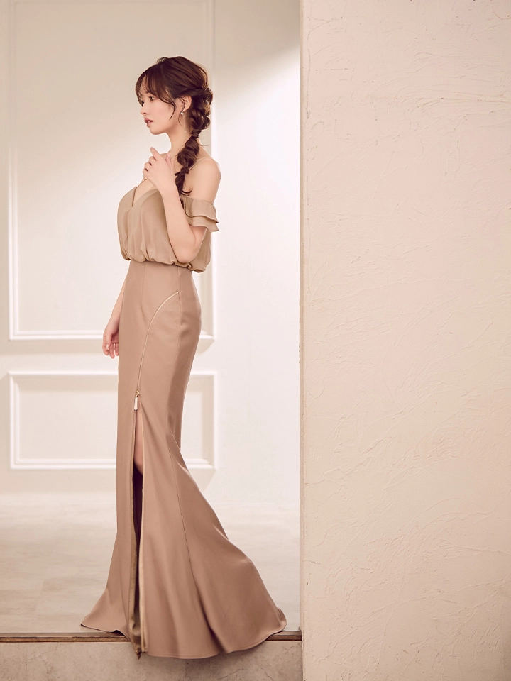 【IRMA/イルマ】クロスネック/ キャミ/ オフショル/ シフォン/ タイト/ スリット/ ロングドレス/ キャバドレス long1