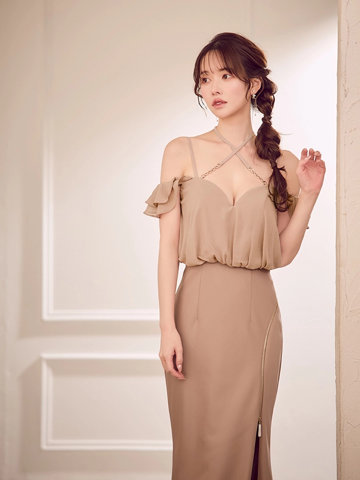 【IRMA/イルマ】クロスネック/ キャミ/ オフショル/ シフォン/ タイト/ スリット/ ロングドレス/ キャバドレス long3