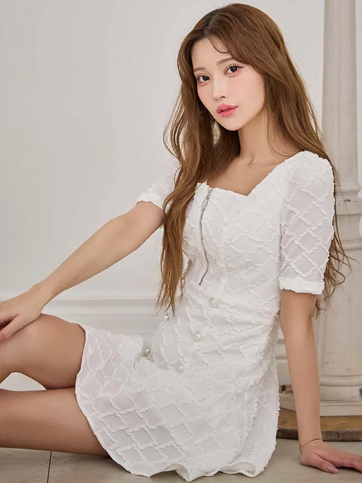 【IRMA/イルマ】ダイヤ柄/ ジャガード/ 袖あり/ スクエアネック/ パールボタン/ 半袖/ ハイウエスト/ フレア/ ミニドレス/ キャバドレス5