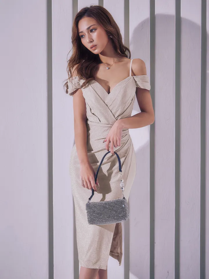 【JEAN MACLEAN/ジャンマクレーン】ラメニット/ オフショルダー/ サイドタック/ ウエストマーク/ バストタック/ ストレッチ/ ひざ丈/ スリット/ タイト/ ミディアムドレス/ キャバドレス4