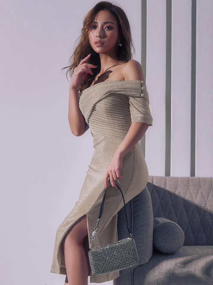 【JEAN MACLEAN/ジャンマクレーン】ラメニット/ ワンショルダー/ ハーフスリーブ/ ストレッチ/ ひざ丈/ スリット/ タイト/ ミディアムドレス/ キャバドレス3