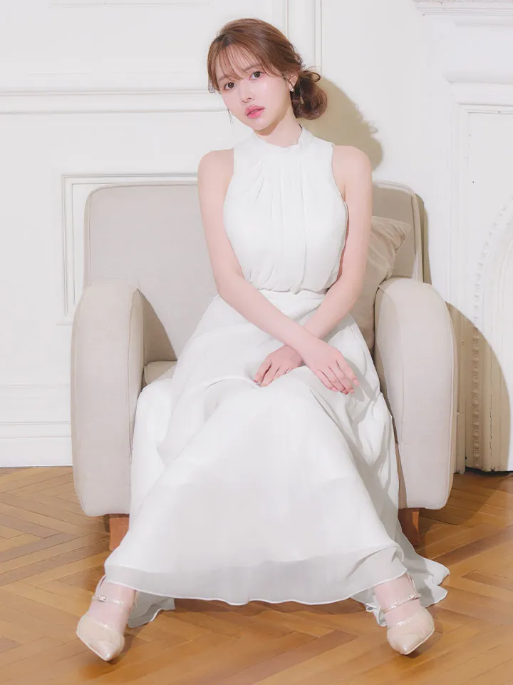 【JEAN MACLEAN/ジャンマクレーン】ハイネック/ ネックリボン/ シフォン/ ノースリーブ/ フレア/ ワンピース/ ロングドレス/ キャバドレス4