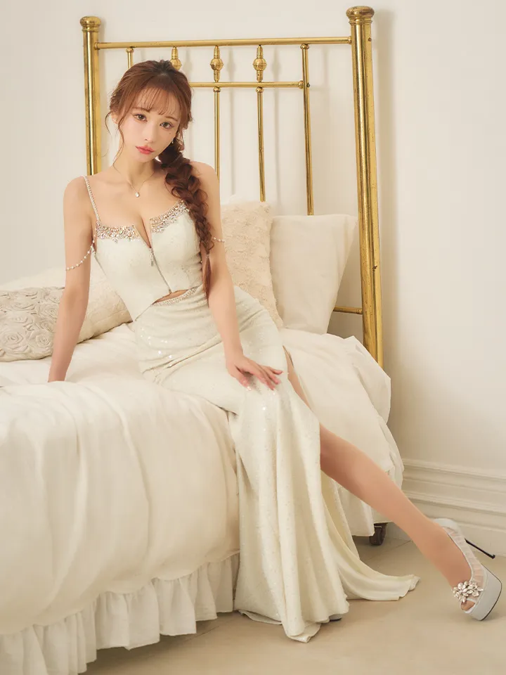 【IRMA/イルマ】ラメニット/ スパンコール/ バストジップ/ キャミソール/ チェーン/ スリット/ タイト/ ロングドレス/ キャバドレス1