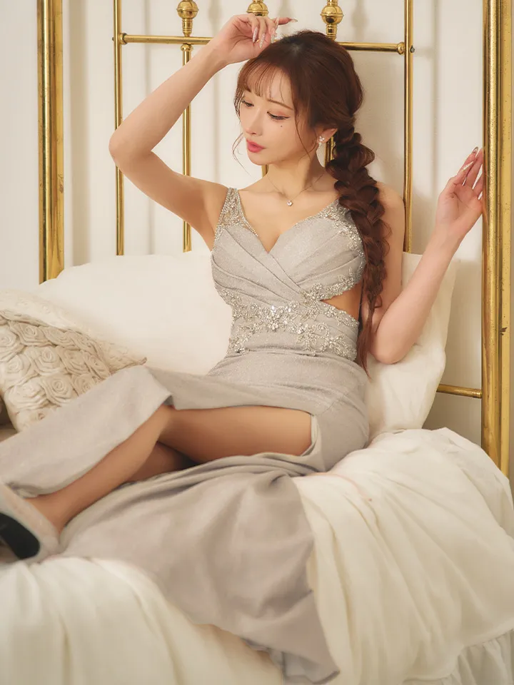 【IRMA/イルマ】ビジュー/ 刺繍レース/ ウエストシアー/ ラメニット/ バストクロス/ Vネック/ スリット/ ロングドレス/ キャバドレス long3