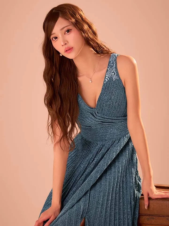 【IRMA/イルマ】プリーツ/ ストレッチ/ ラメニット/ ノースリーブ/ スリット/ フレア/ ロングドレス/ キャバドレス5