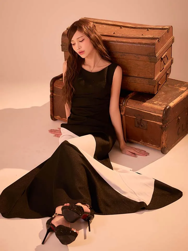 【JEAN MACLEAN/ジャンマクレーン】バイカラー/ タック/ ノースリーブ/ シンプル/ タイト/ ロングドレス/ キャバドレス4