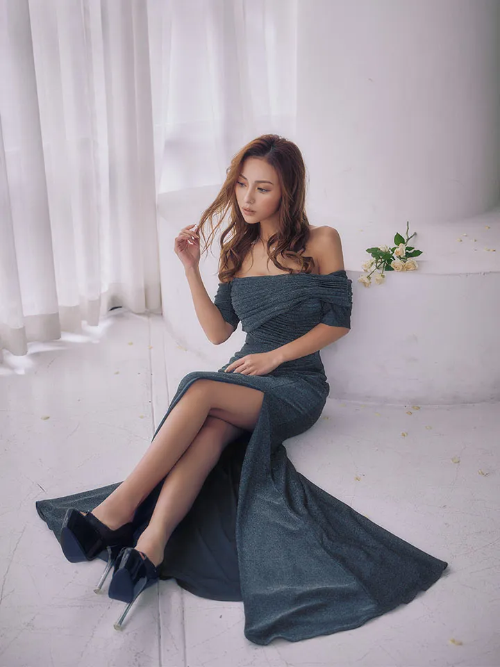 【JEAN MACLEAN/ジャンマクレーン】ラメニット/ ギャザー/ ワンショルダー/ ハーフスリーブ/ ストレッチ/ タイト/ スリット/ ロングドレス/ キャバドレス4