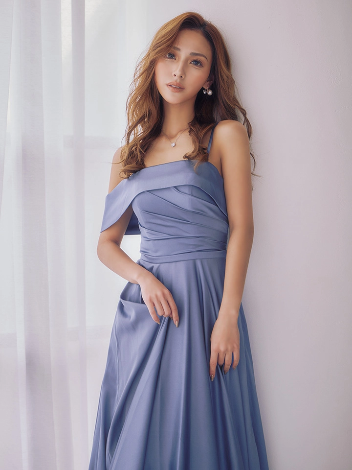 【JEAN MACLEAN/ジャンマクレーン】オフショルダー/ サテン/ キャミソール/ ハイウエスト/ アシンメトリー/ ワンカラー/ Aライン/ タック/ ロングドレス/ キャバドレス1