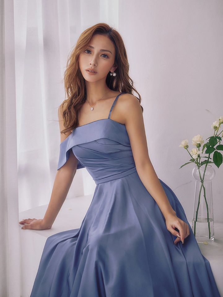 【JEAN MACLEAN/ジャンマクレーン】オフショルダー/ サテン/ キャミソール/ ハイウエスト/ アシンメトリー/ ワンカラー/ Aライン/ タック/ ロングドレス/ キャバドレス5