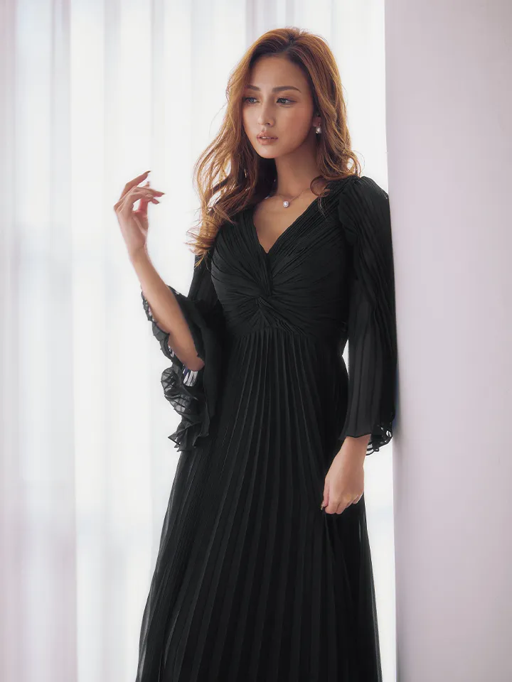 【JEAN MACLEAN/ジャンマクレーン】シフォン/ プリーツ/ ロングスリーブ/ シアー/ フレア/ ロングドレス/ キャバドレス long2