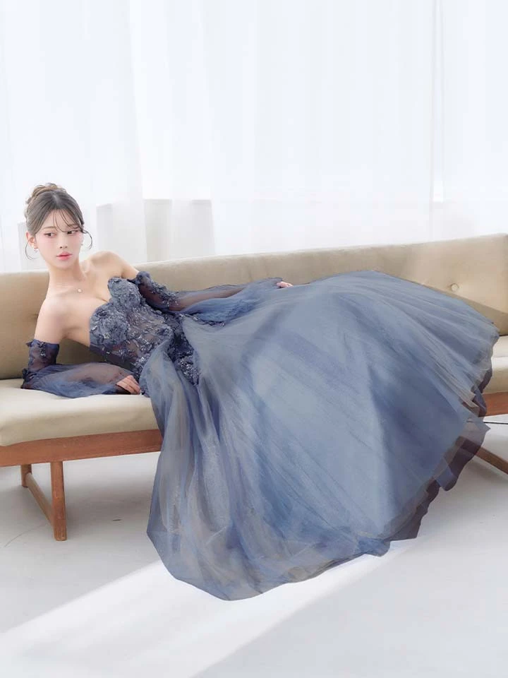 【JEAN MACLEAN/ジャンマクレーン】チョーカー/ 袖付き/ 2way/ オフショル/ ロングスリーブ/ 立体フラワー/ シアー/ チュール/ スパンコール/ ビーズ刺繍/ フレア/ プリンセス/ ロングドレス/ キャバドレス3