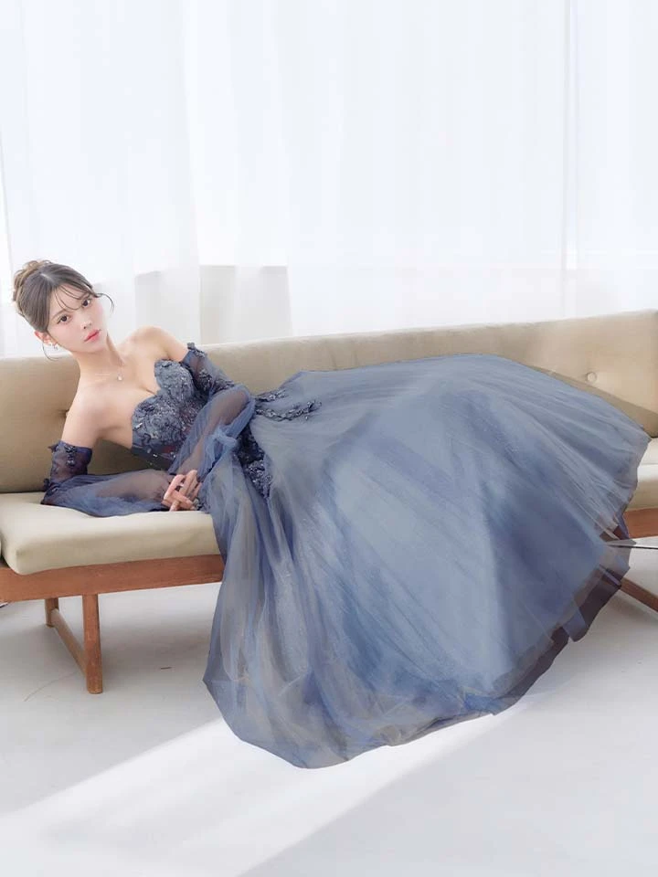 【JEAN MACLEAN/ジャンマクレーン】チョーカー/ 袖付き/ 2way/ オフショル/ ロングスリーブ/ 立体フラワー/ シアー/ チュール/ スパンコール/ ビーズ刺繍/ フレア/ プリンセス/ ロングドレス/ キャバドレス5