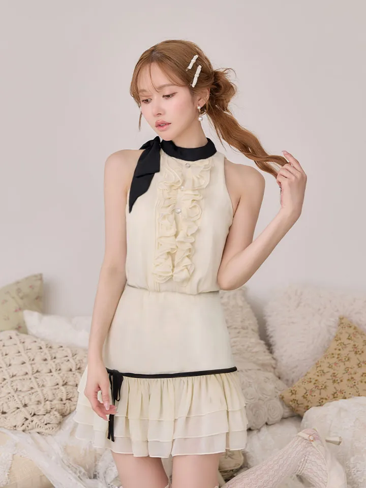 【IRMA/イルマ】フリル/ ハイネック/ バイカラー/ リボン/ ノースリーブ/ フレア/ セットアップ/ ミニドレス/ キャバドレス2