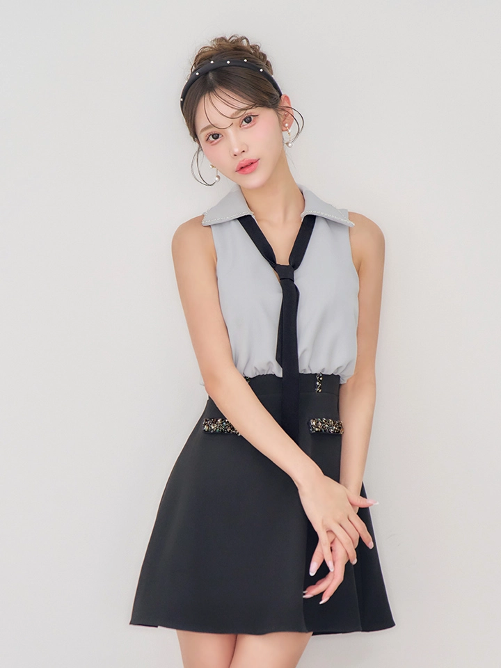 【IRMA/イルマ】ボウタイ/ バイカラー/ ビジュー/ ノースリーブ/ フレア/ ミニドレス/ キャバドレス1