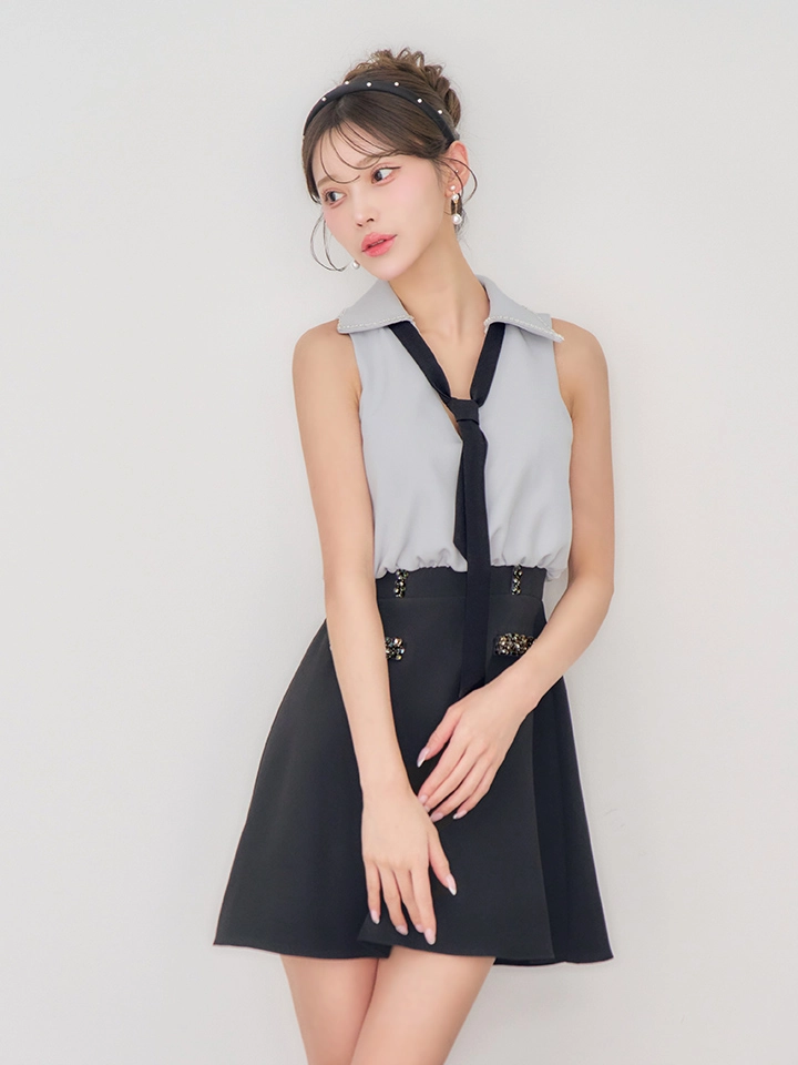 【IRMA/イルマ】ボウタイ/ バイカラー/ ビジュー/ ノースリーブ/ フレア/ ミニドレス/ キャバドレス2