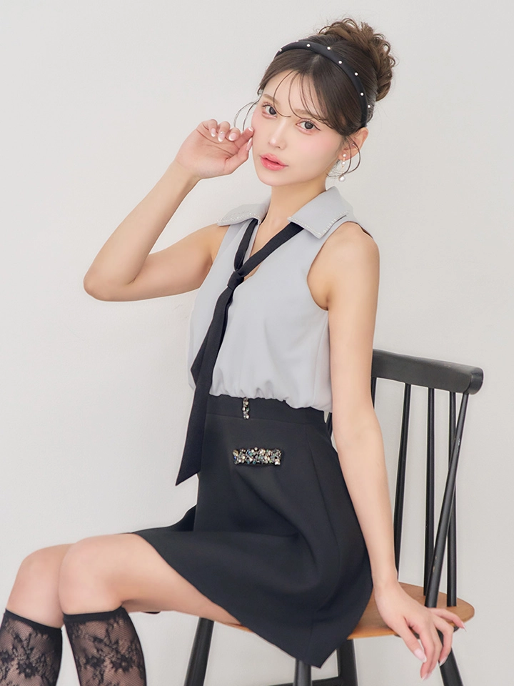 【IRMA/イルマ】ボウタイ/ バイカラー/ ビジュー/ ノースリーブ/ フレア/ ミニドレス/ キャバドレス5