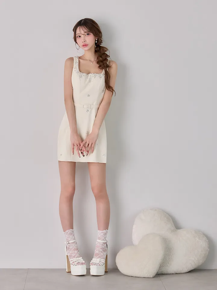 【IRMA/イルマ】ビジュー/ ノースリーブ/ ベルト/ ストレッチ/ タイト/ ミニドレス/ キャバドレス1