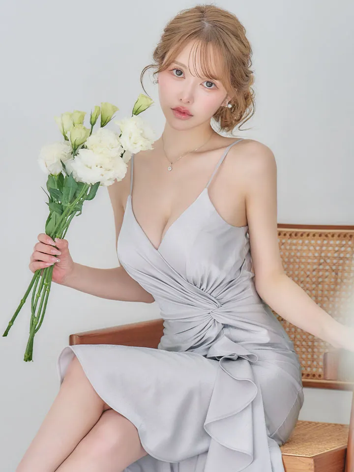 【JEAN MACLEAN/ジャンマクレーン】 マーメイド/ シャイニーサテン/ タック/ キャミソール/ ひざ丈/ ストレッチ/ フリル/ テールカット/ ミディアムドレス/ キャバドレス1