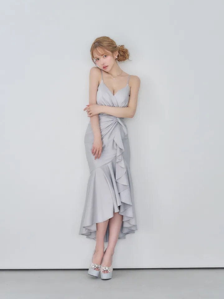 【JEAN MACLEAN/ジャンマクレーン】 マーメイド/ シャイニーサテン/ タック/ キャミソール/ ひざ丈/ ストレッチ/ フリル/ テールカット/ ミディアムドレス/ キャバドレス2