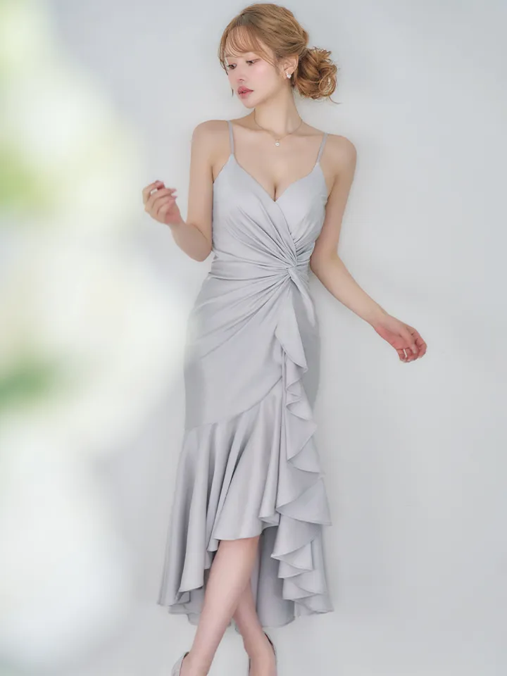 【JEAN MACLEAN/ジャンマクレーン】 マーメイド/ シャイニーサテン/ タック/ キャミソール/ ひざ丈/ ストレッチ/ フリル/ テールカット/ ミディアムドレス/ キャバドレス4