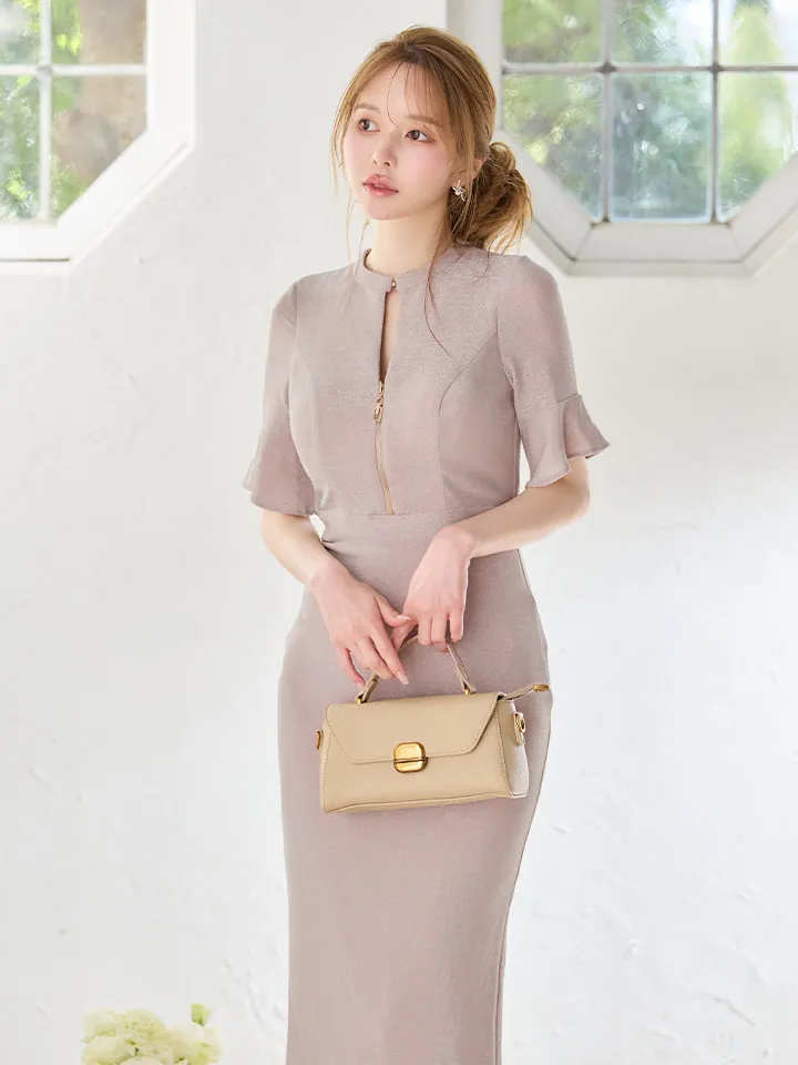 【【JEAN MACLEAN/ジャンマクレーン】 ラメニット/ 半袖/ バストジップ/ ひざ丈/ ストレッチ/ タイト/ ミディアムドレス/ キャバドレス2