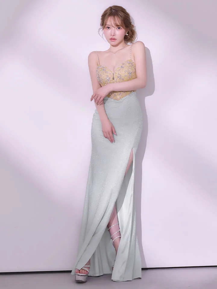 【IRMA/イルマ】オーロラビジュー/ ラメニット/ キャミ/ フロントジップ/ ビーズ刺繍/ スリット/ ロングドレス/ キャバドレス long2