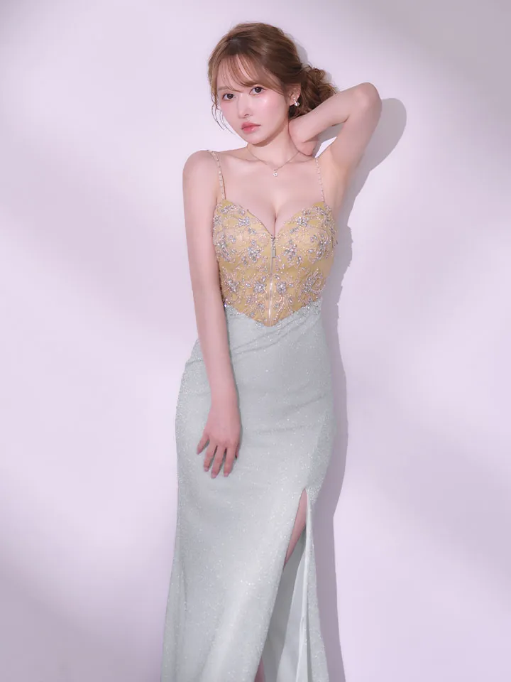 【IRMA/イルマ】オーロラビジュー/ ラメニット/ キャミ/ フロントジップ/ ビーズ刺繍/ スリット/ ロングドレス/ キャバドレス long6