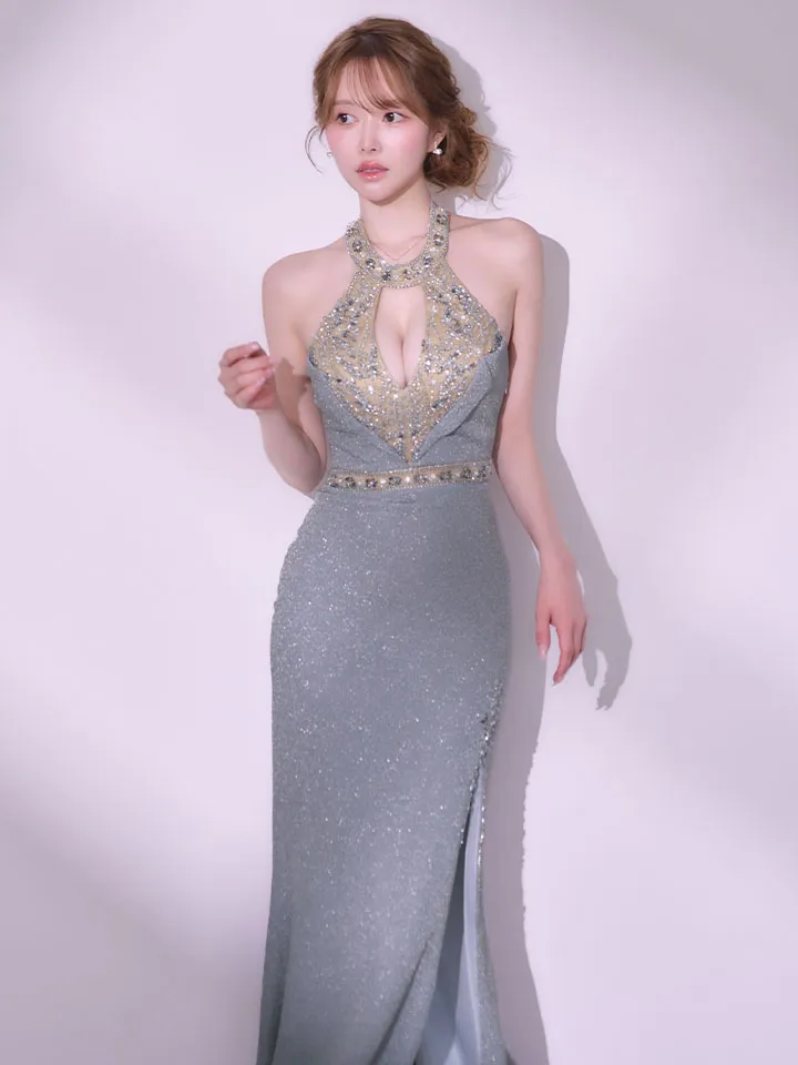 【IRMA/イルマ】ホルターネック/ ビジュー/ ラメニット/ ラインストーン / 刺繍/ バストカットアウト/ スリット/ ロングドレス/ キャバドレス2