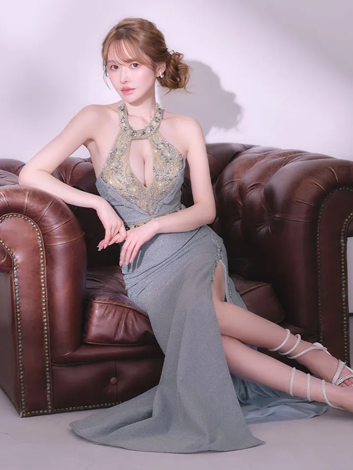 【IRMA/イルマ】ホルターネック/ ビジュー/ ラメニット/ ラインストーン / 刺繍/ バストカットアウト/ スリット/ ロングドレス/ キャバドレス5