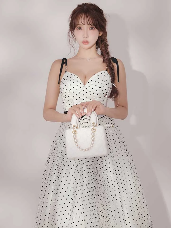 【IRMA/イルマ】ドット/ リボン/ コルセットデザイン/ キャミソール/ フレア/ Aライン/ ロングドレス/ キャバドレス long1