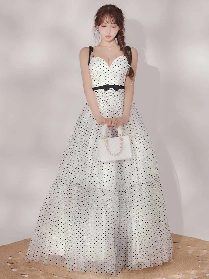 【IRMA/イルマ】ドット/ リボン/ コルセットデザイン/ キャミソール/ フレア/ Aライン/ ロングドレス/ キャバドレス long2