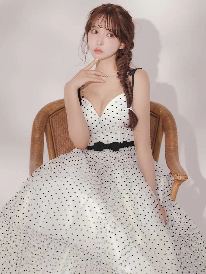 【IRMA/イルマ】ドット/ リボン/ コルセットデザイン/ キャミソール/ フレア/ Aライン/ ロングドレス/ キャバドレス long3