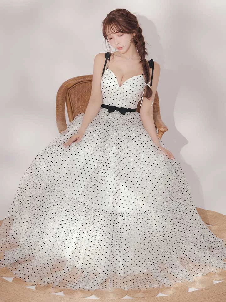 【IRMA/イルマ】ドット/ リボン/ コルセットデザイン/ キャミソール/ フレア/ Aライン/ ロングドレス/ キャバドレス long4