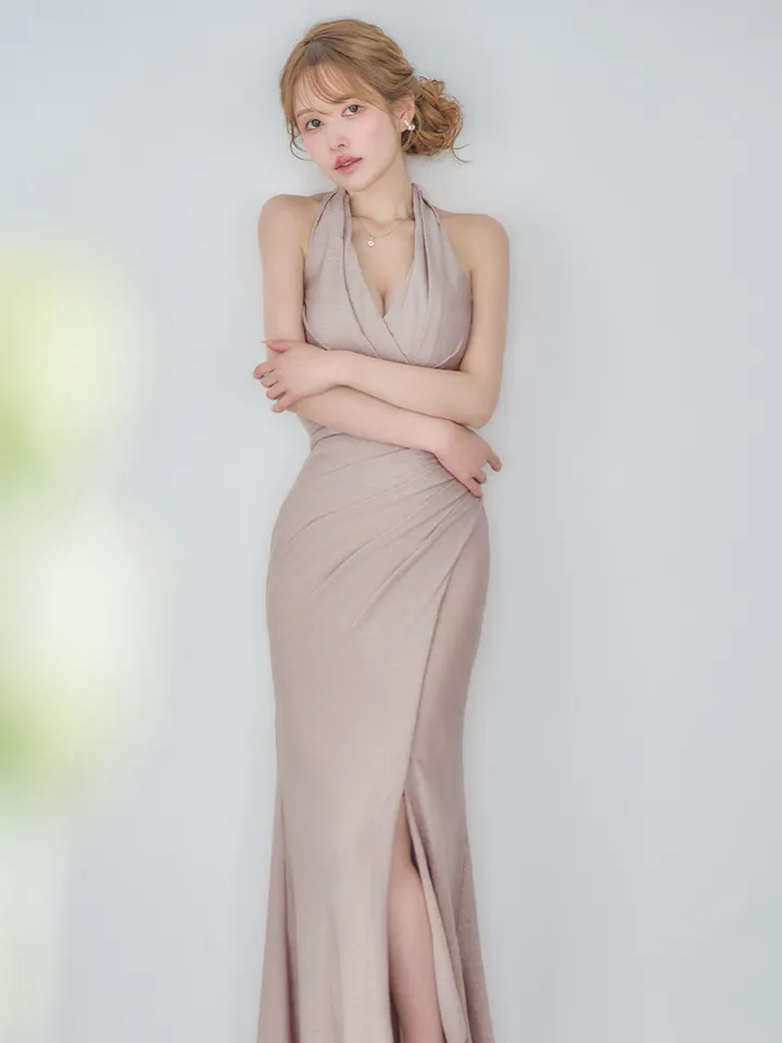 【JEAN MACLEAN/ジャンマクレーン】ホルターネック/ ラメニット/ タック/ スリット/ スピンドル/ タイト/ ロングドレス/ キャバドレス long4