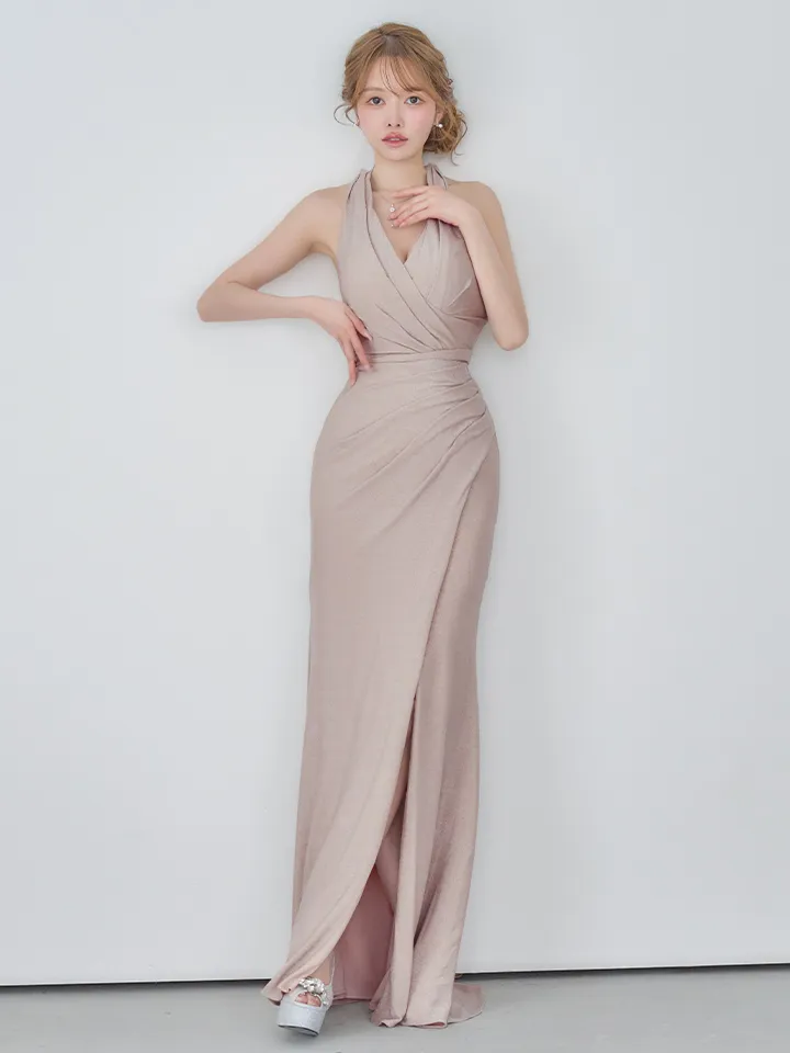 【JEAN MACLEAN/ジャンマクレーン】ホルターネック/ ラメニット/ タック/ スリット/ スピンドル/ タイト/ ロングドレス/ キャバドレス long5