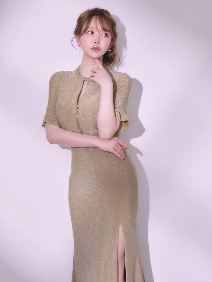 【JEAN MACLEAN/ジャンマクレーン】ラメニット/ ハイネック/ カットアウト/ フロントジップ/ ハーフスリーブ/ ストレッチ/ スリット/ ロングドレス/ キャバドレス3