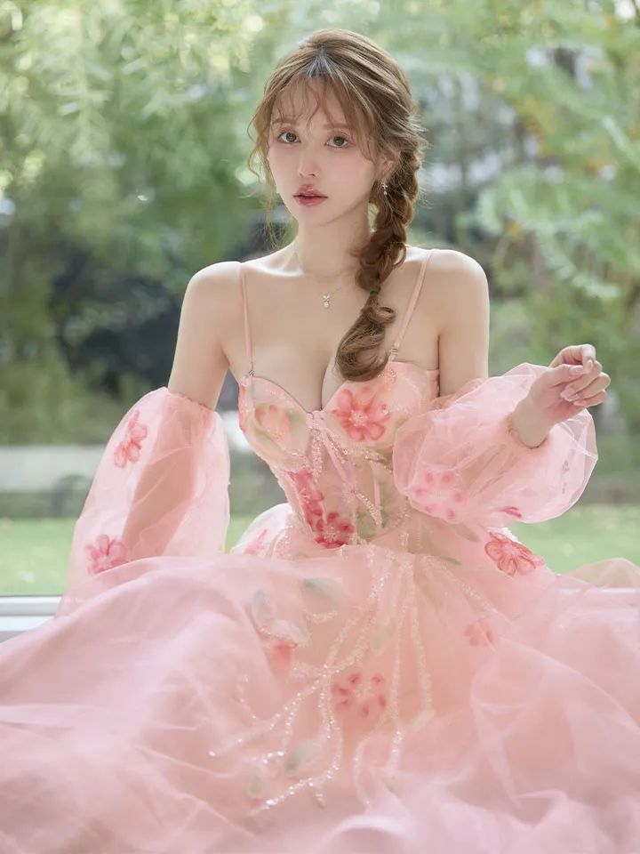 【JEAN MACLEAN/ジャンマクレーン】 2way/ 長袖/ パフスリーブ/ ベア/ ネット/ レース/ ビジュー/ 花柄/ フレア/ プリンセス/ ロングドレス/ キャバドレス long2