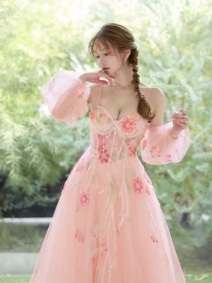 【JEAN MACLEAN/ジャンマクレーン】 2way/ 長袖/ パフスリーブ/ ベア/ ネット/ レース/ ビジュー/ 花柄/ フレア/ プリンセス/ ロングドレス/ キャバドレス long5