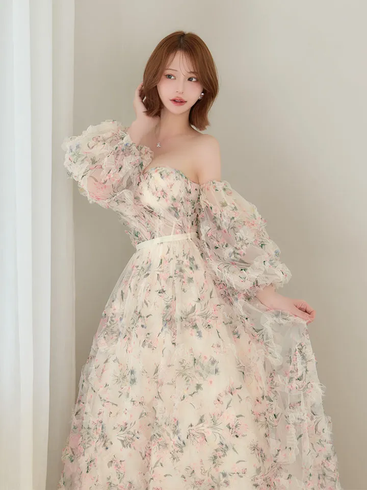 【JEAN MACLEAN/ジャンマクレーン】フラワープリント/ 袖付き/ 2way/ オフショル/ ベア/ パフスリーブ/ 七分袖/ シアー/ チュール/ フリル/ フレア/ プリンセス/ スリット/スピンドル / ロングドレス/ キャバドレス long4