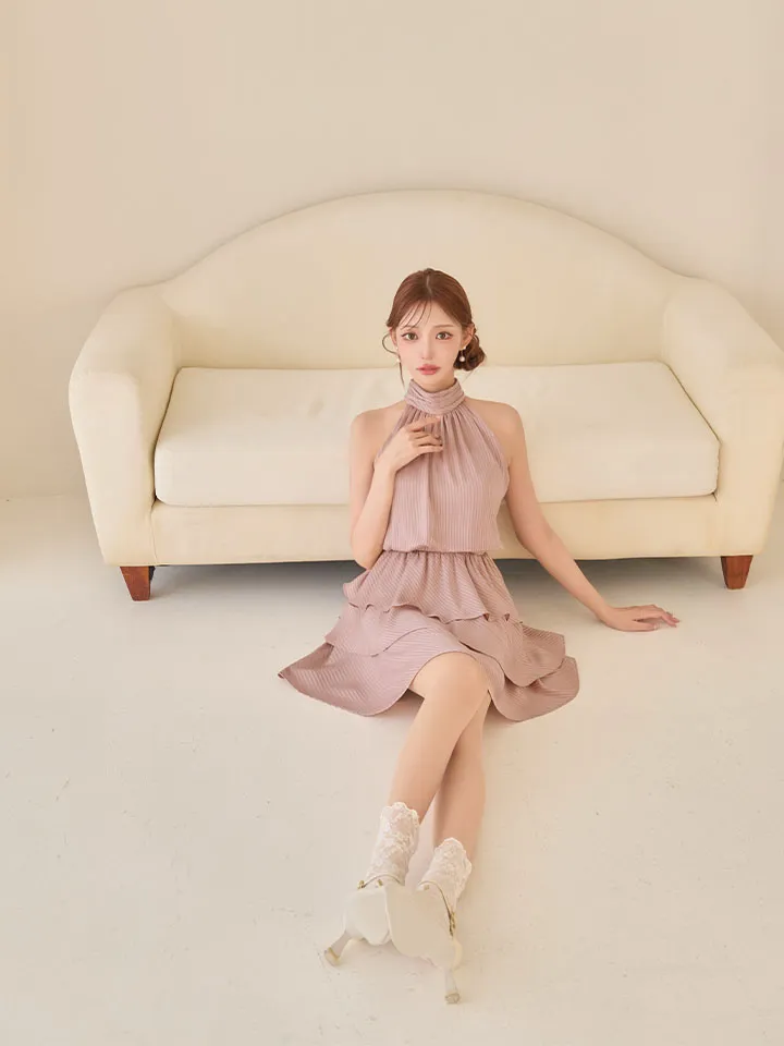 【IRMA/イルマ】ストライプ/ ティアード/ アメリカンスリーブ/ バックリボン/ ハイネック/ フリル/ シフォン/ フレア/ ミニドレス/ キャバドレス3