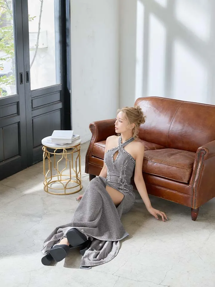 【IRMA/イルマ】グリッター/ スパンコール/ ビジュー/ パール/ ラメニット/ バストカットアウト/ スリット/ ホルターネック/ ストレッチ/ ロングドレス/ キャバドレス4