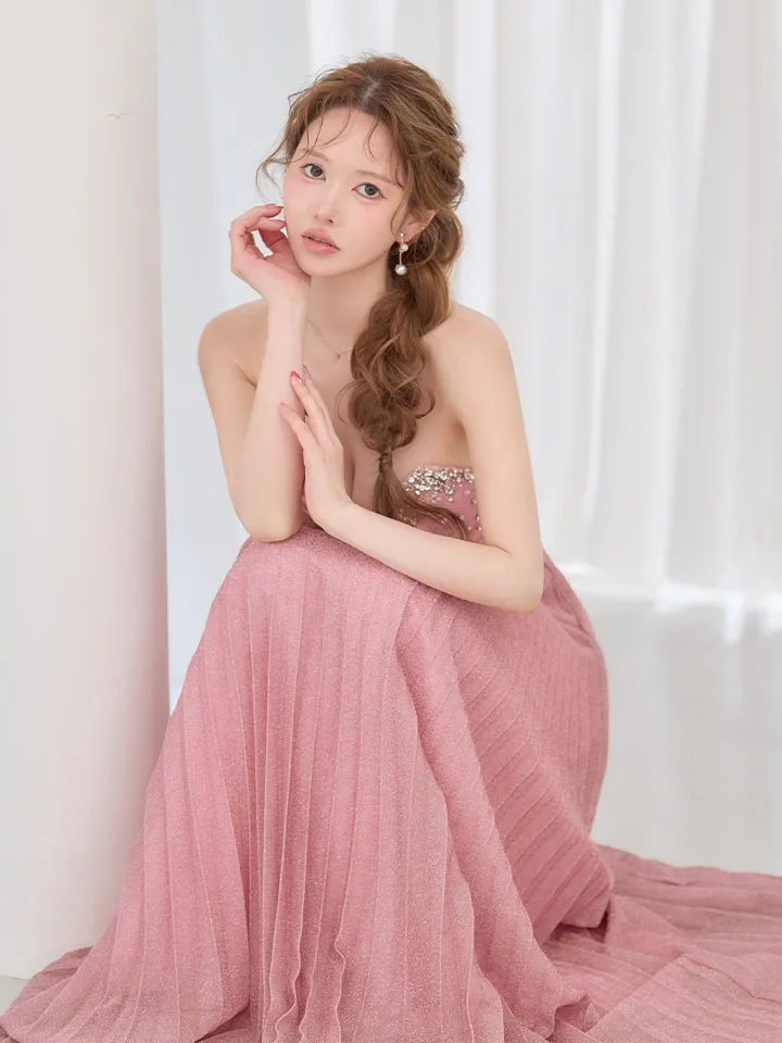 【IRMA/イルマ】ビジュー/ ハイウエスト/ ベア/ リボン/ ストレッチ/ タック/ ラメニット/ プリーツ/ ワンピース/ フレア/ ロングドレス/ キャバドレス5