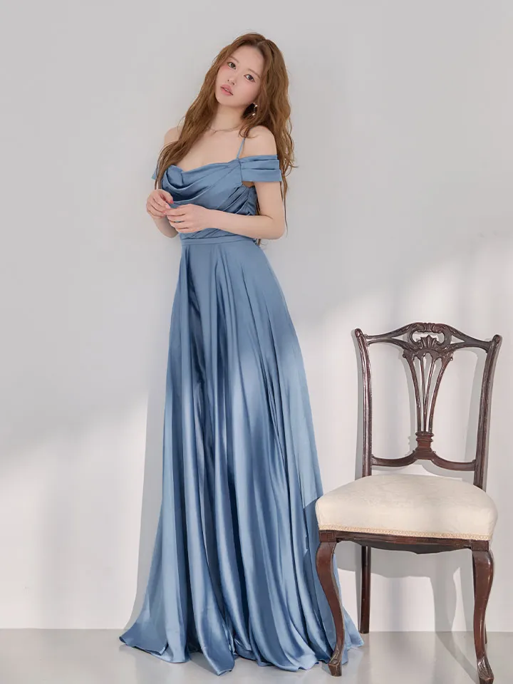 【JEAN MACLEAN/ジャンマクレーン】サテン/ オフショル/ バストドレープ/ キャミ/ ワンカラー/ ワンピース/ ロングドレス/ キャバドレス long2
